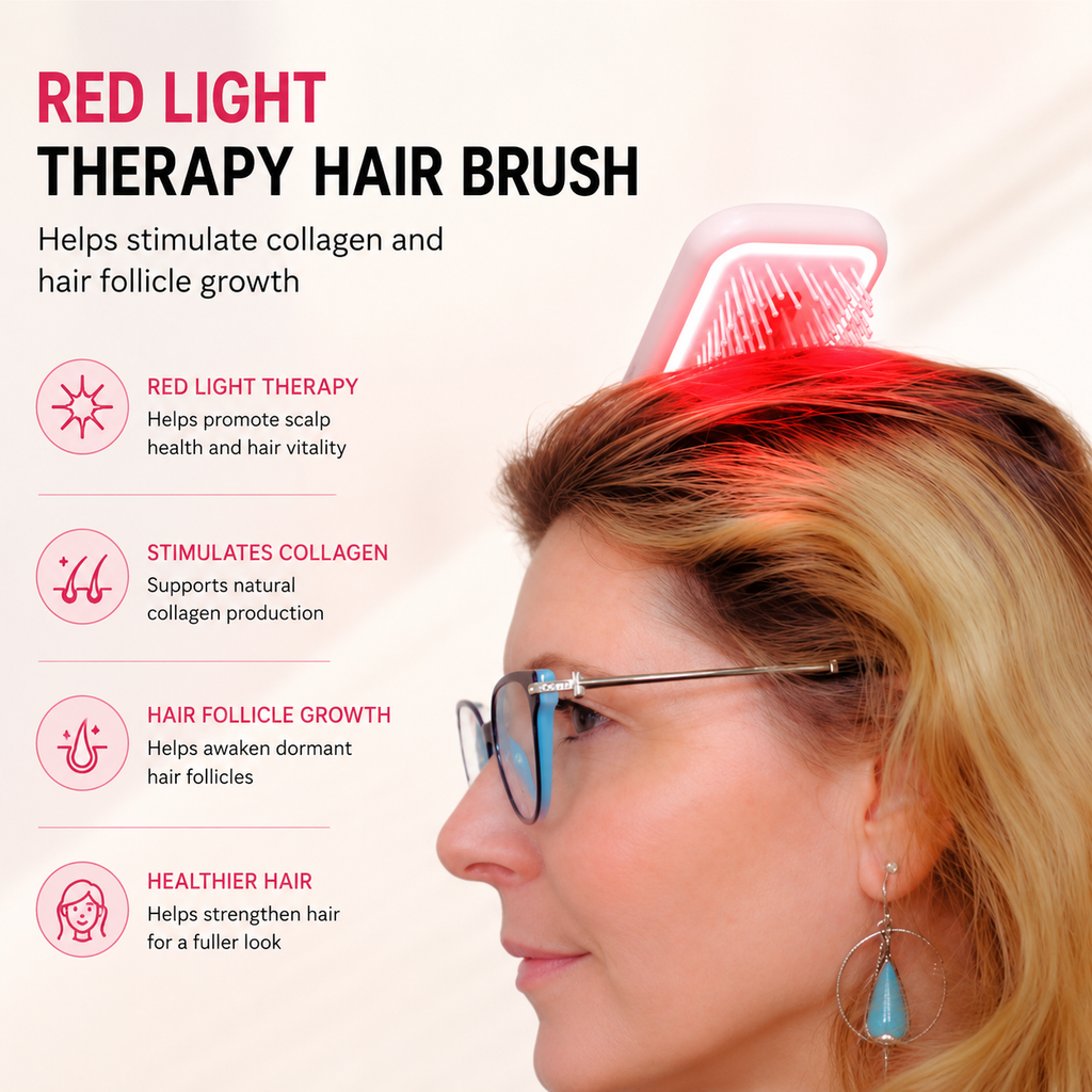 Scalp Care Serum Applicator Brush with Red LED Mode, Vibration Massage & Soft Air Bag Comb, Portable Dispensing Hair Care Brush for Daily Use, Pink