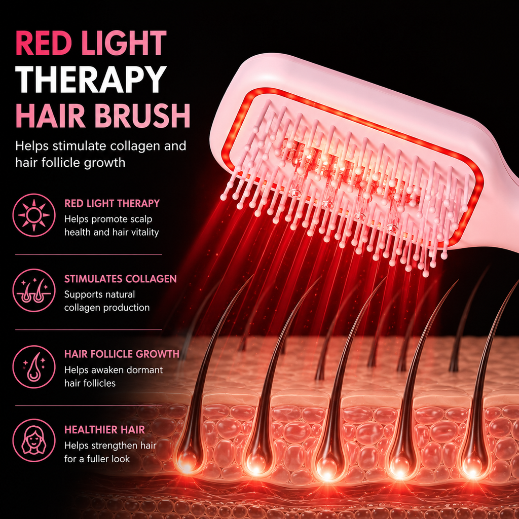 Scalp Care Serum Applicator Brush with Red LED Mode, Vibration Massage & Soft Air Bag Comb, Portable Dispensing Hair Care Brush for Daily Use, Pink