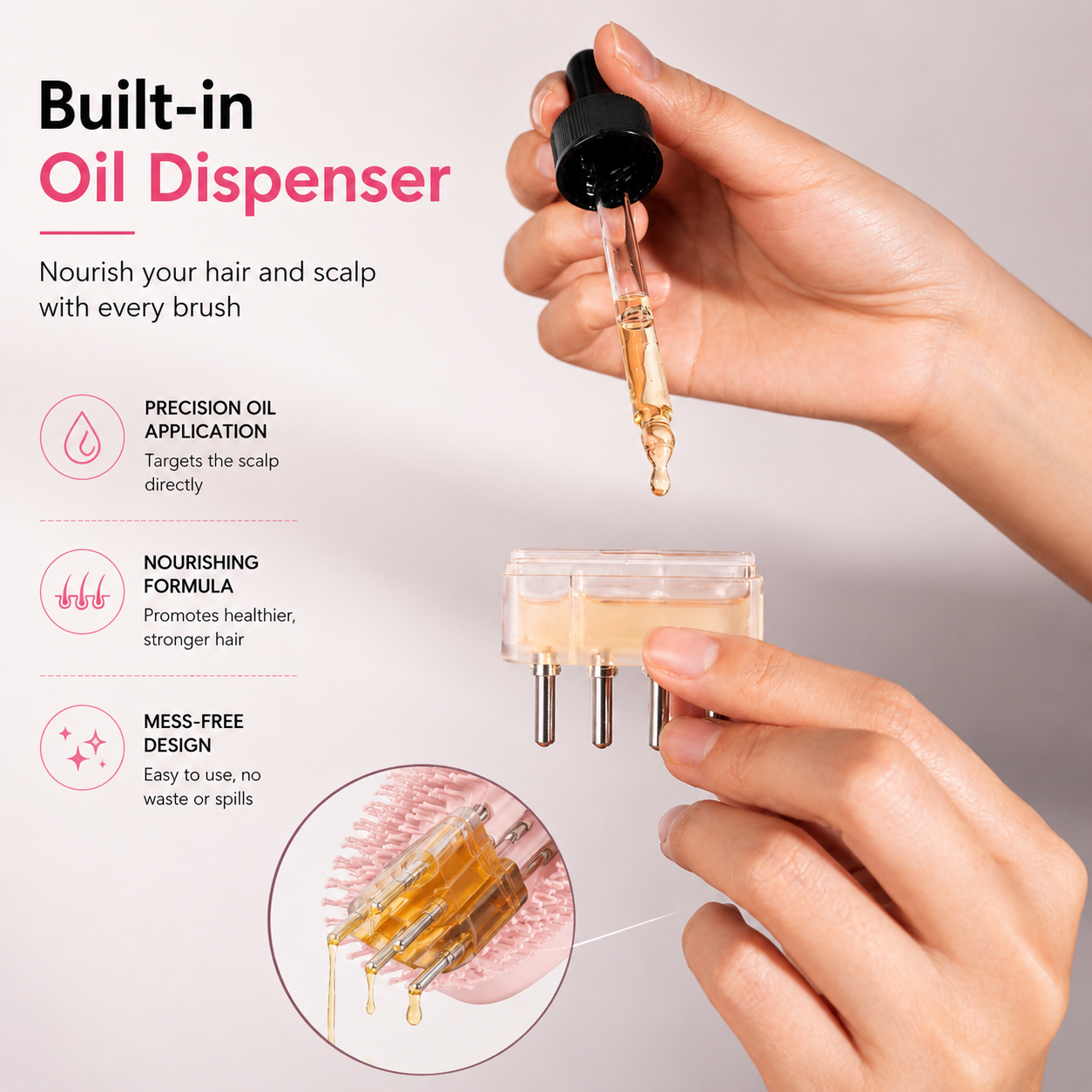 Scalp Care Serum Applicator Brush with Red LED Mode, Vibration Massage & Soft Air Bag Comb, Portable Dispensing Hair Care Brush for Daily Use, Pink
