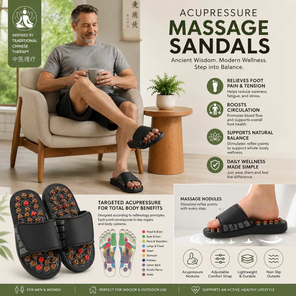 Reflexology Acupressure Massage Slippers for Men and Women, Foot Massage Sandals with Massage Nodes, Adjustable Non Slip Indoor Outdoor Slides - 1 Pair