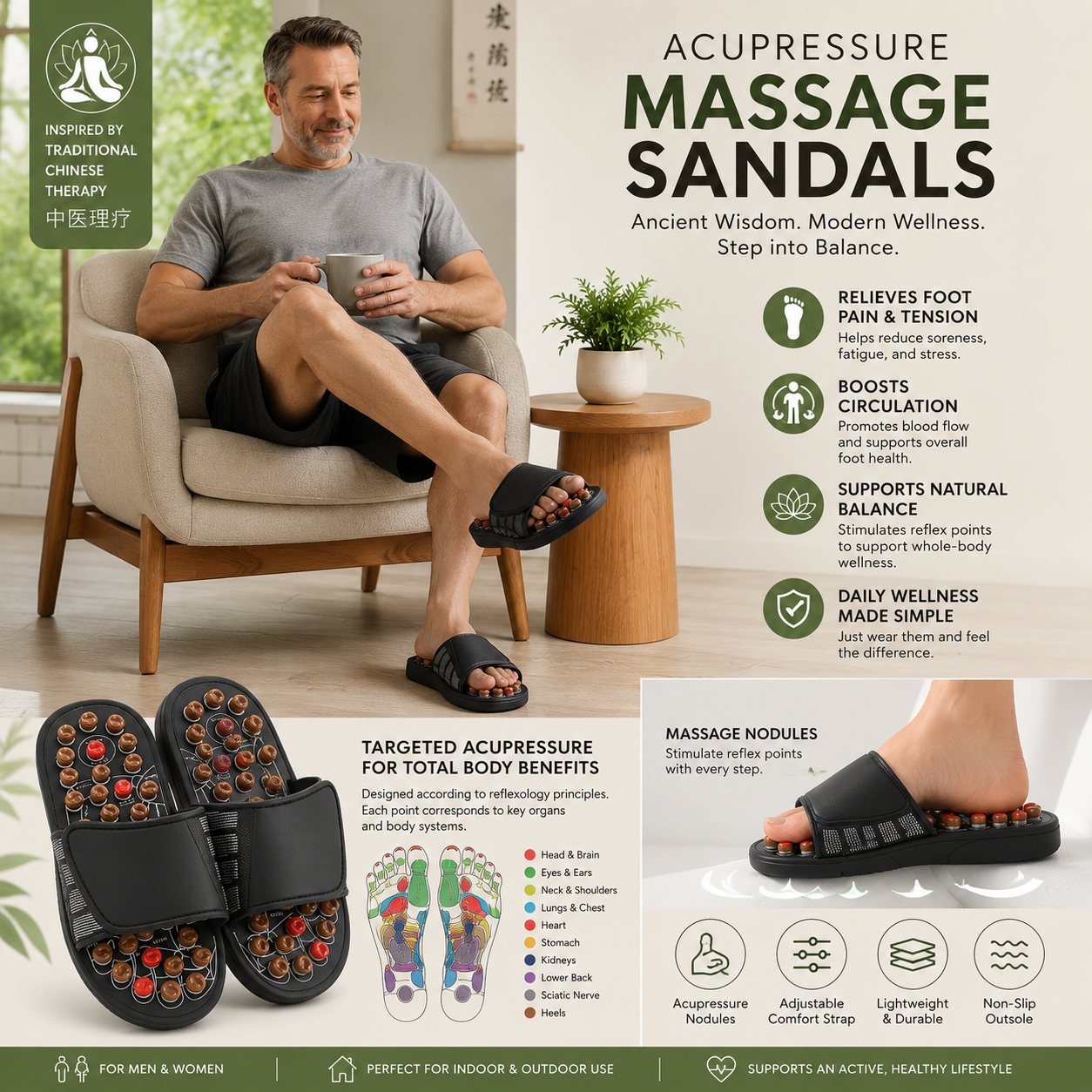 Reflexology Acupressure Massage Slippers for Men and Women, Foot Massage Sandals with Massage Nodes, Adjustable Non Slip Indoor Outdoor Slides - 1 Pair