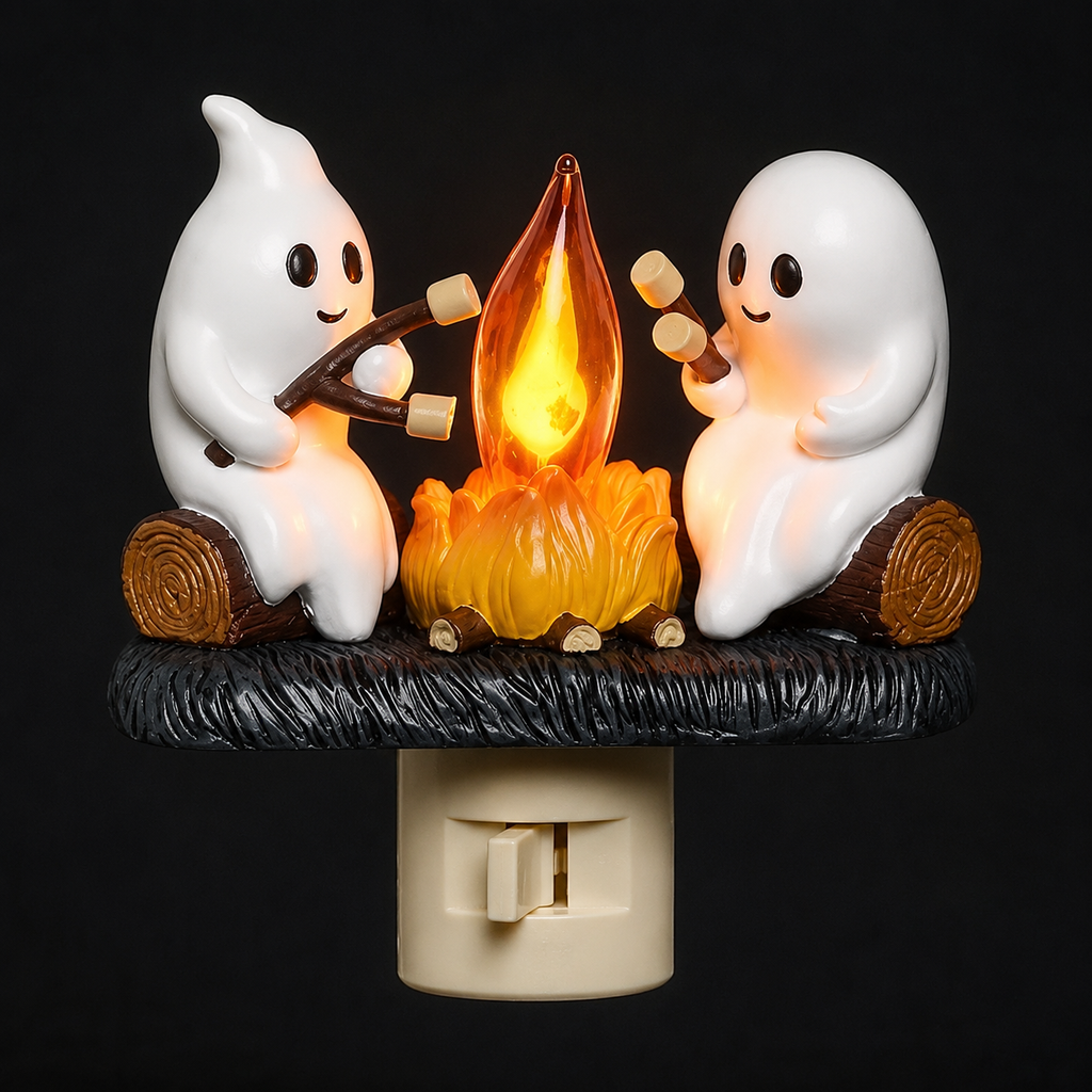 Ghost Campfire Flickering Night Light, 3D LED Plug-In Faux Flame Lamp, Halloween Room Decor for Adults and Kids, White