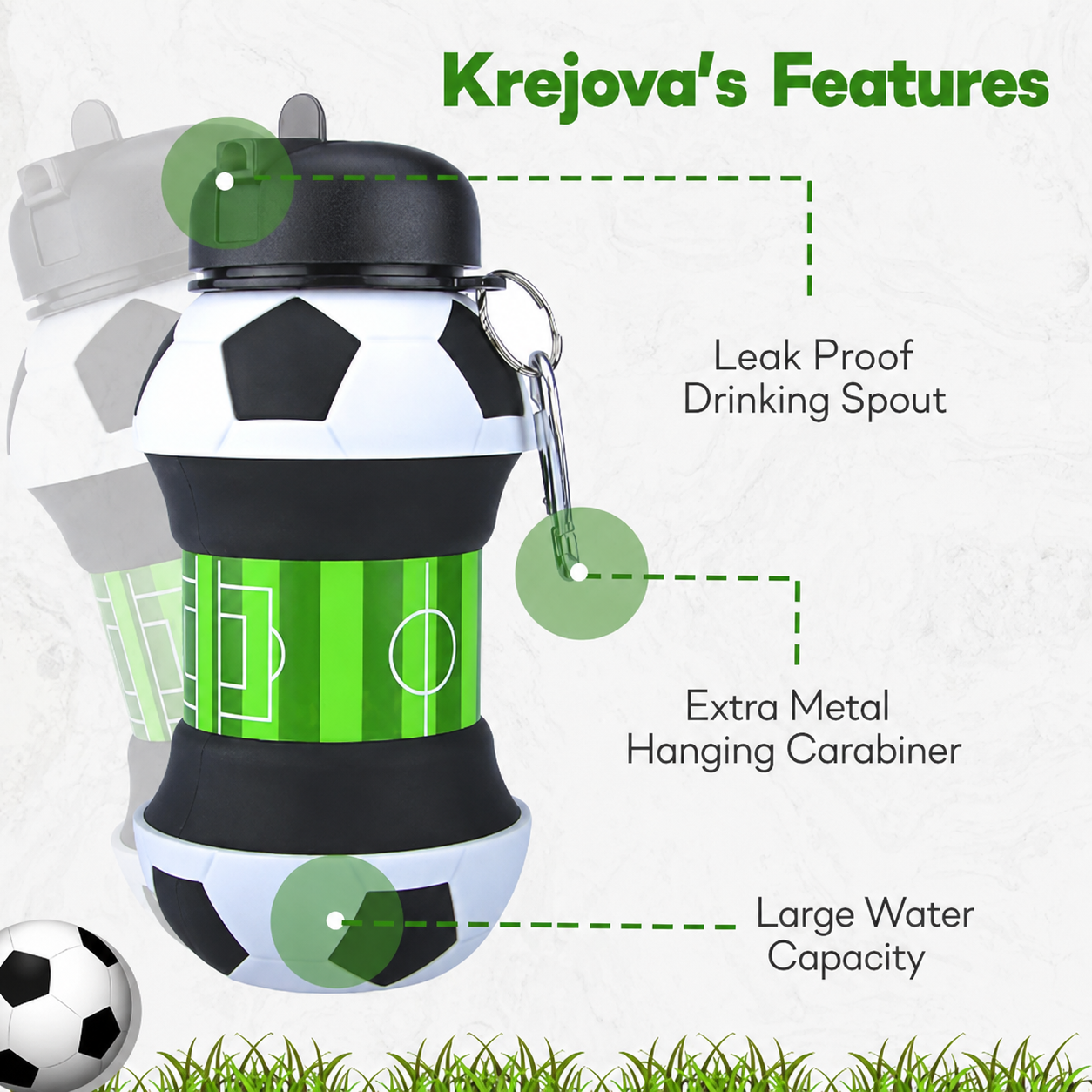 Collapsible Water Bottle 19Oz/550ml BPA Free Sports Water Bottle for Kids Gift Folding Water Bottle for Hiking, GYM, School & Sports | Collapsible Cups for Traveling Gift Idea (Soccer)