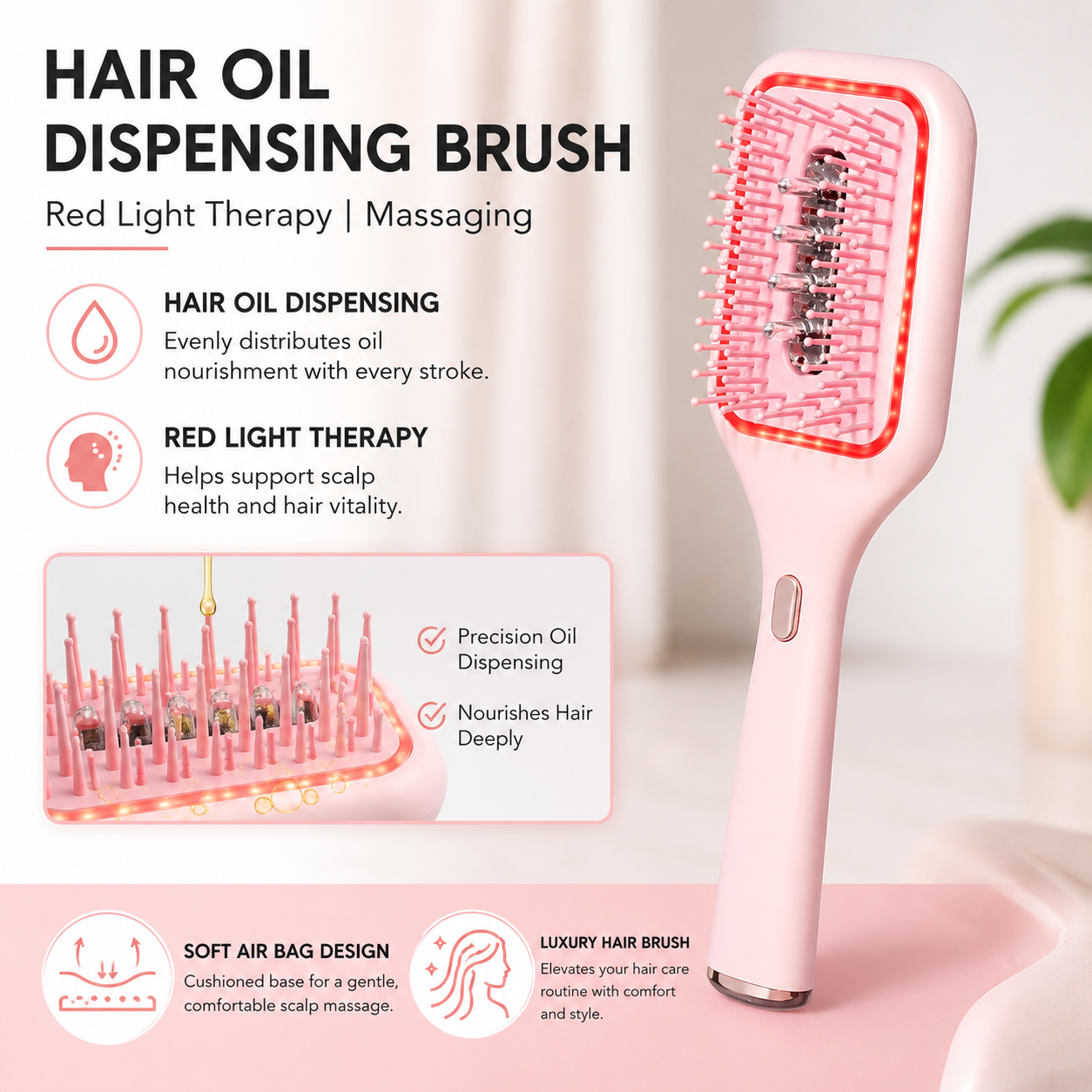 Scalp Care Serum Applicator Brush with Red LED Mode, Vibration Massage & Soft Air Bag Comb, Portable Dispensing Hair Care Brush for Daily Use, Pink