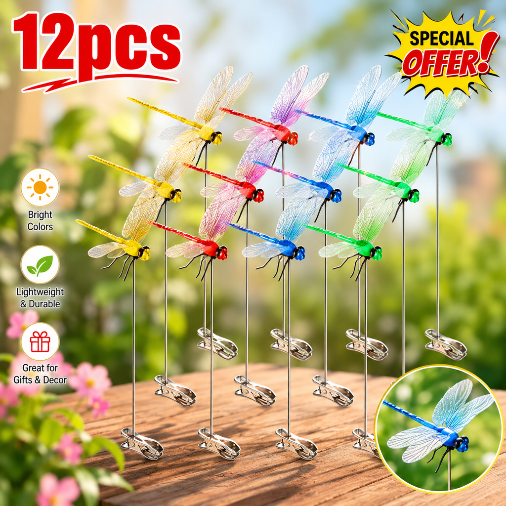 12×Fake Dragonfly Clips Clip on Dragonfly for Outdoors 3D Dragonfly Garden Decor