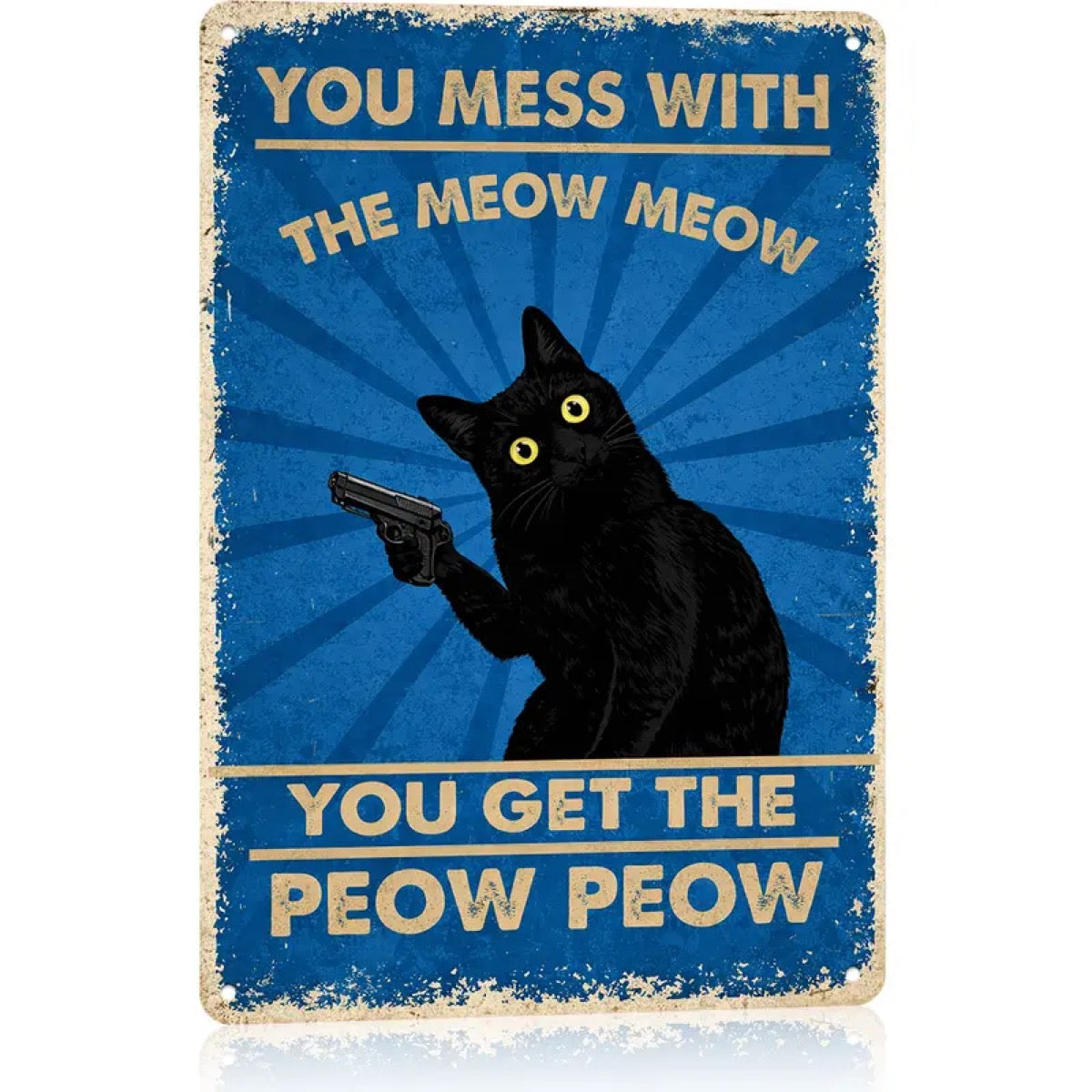 8×12 in Vintage Aluminum “Meow Peow” Cat Quote Sign, American Retro Wall Decor