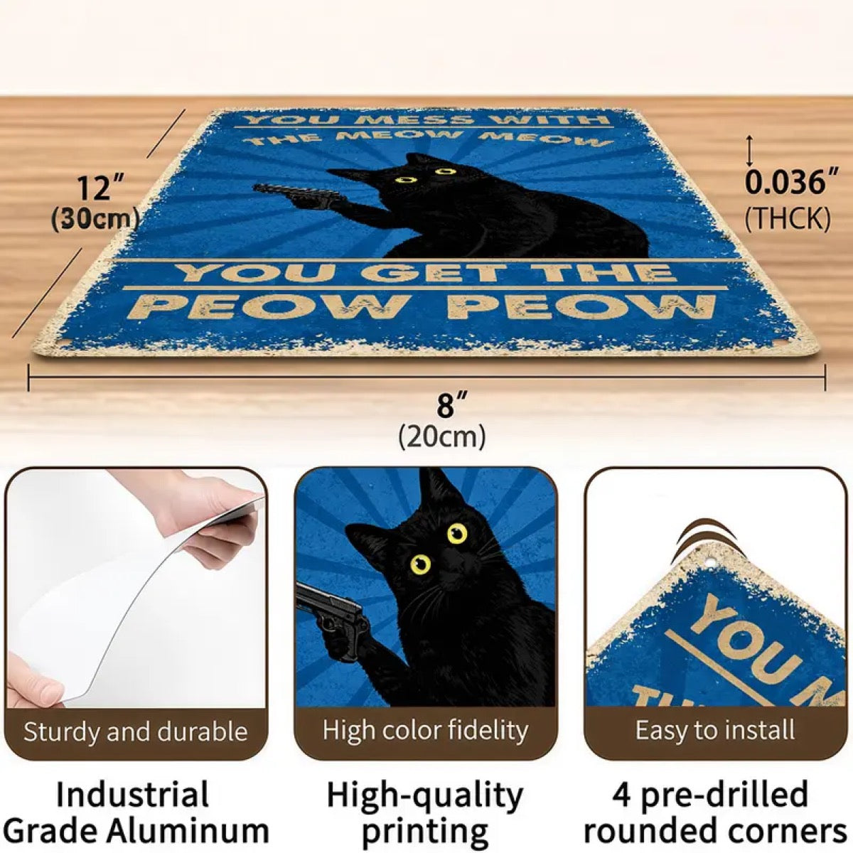 8×12 in Vintage Aluminum “Meow Peow” Cat Quote Sign, American Retro Wall Decor
