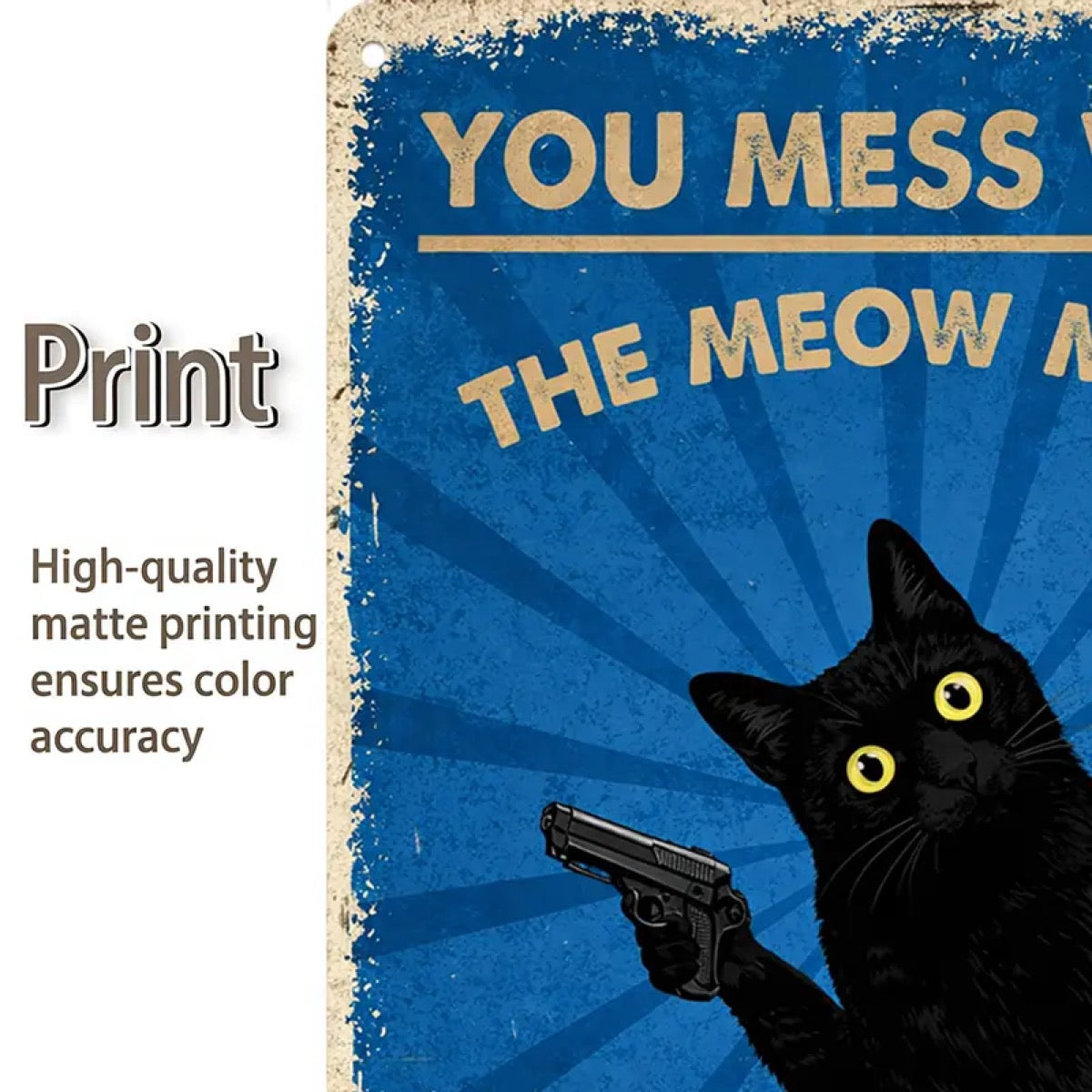 8×12 in Vintage Aluminum “Meow Peow” Cat Quote Sign, American Retro Wall Decor