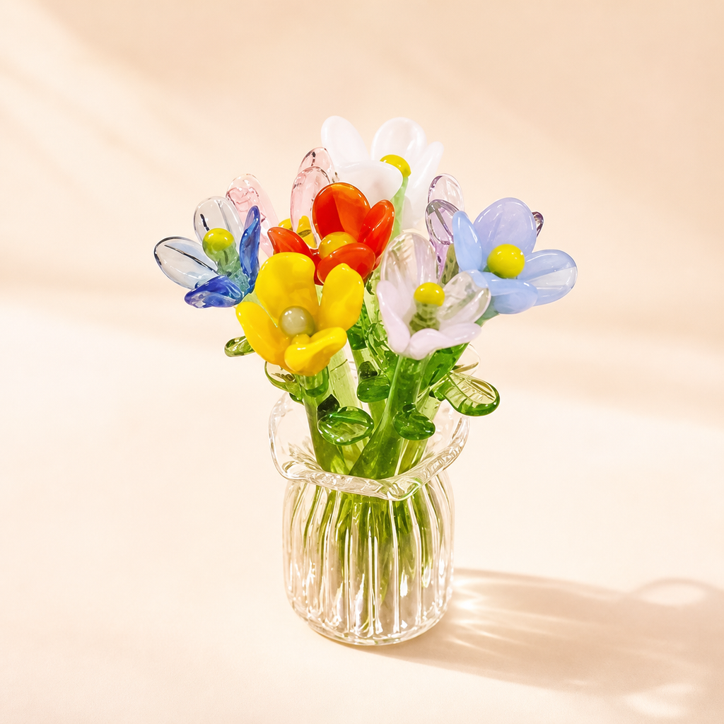 Miniature Glass Seven-Flower Figurine Collectible with Vase, Random Flower Colors, Perfect Birthday Gift