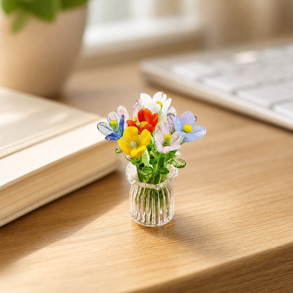 Miniature Glass Seven-Flower Figurine Collectible with Vase, Random Flower Colors, Perfect Birthday Gift
