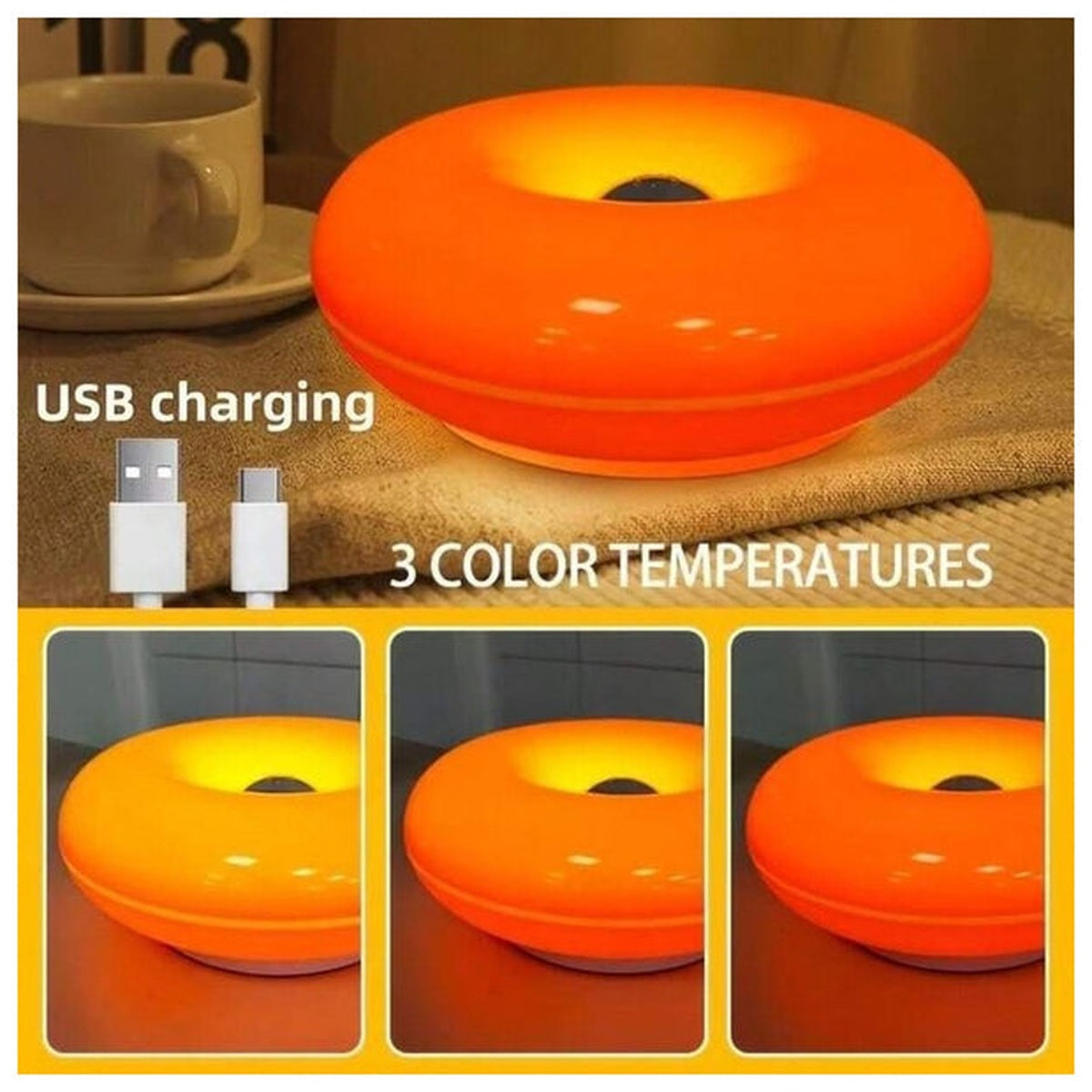 Donut Table Lamp, Retro Modern Touch-Control 3-Level Dimmable Nightstand Lamp, USB-C Powered Bedroom Decor
