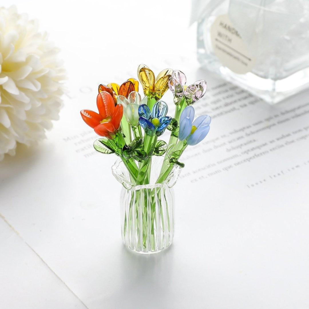 Miniature Glass Seven-Flower Figurine Collectible with Vase, Random Flower Colors, Perfect Birthday Gift