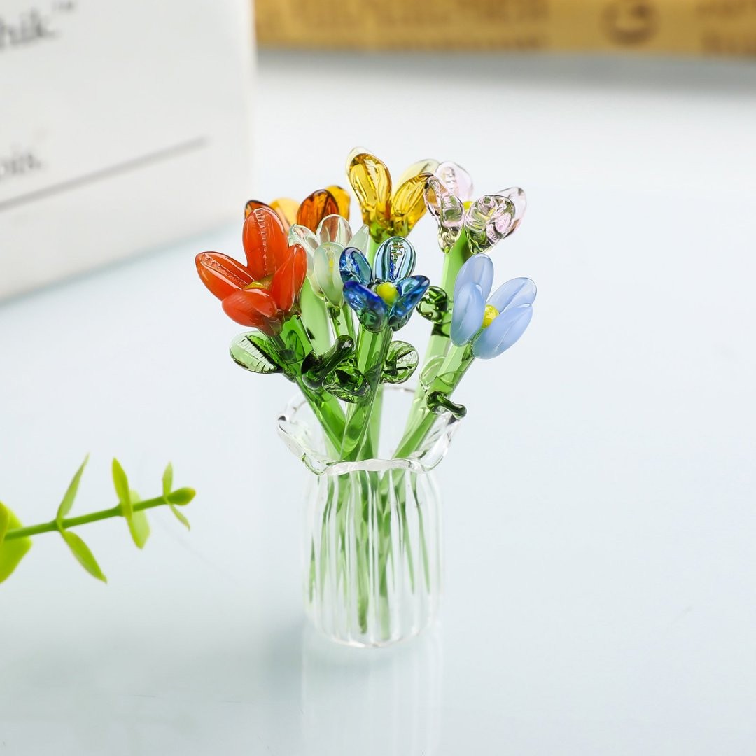 Miniature Glass Seven-Flower Figurine Collectible with Vase, Random Flower Colors, Perfect Birthday Gift