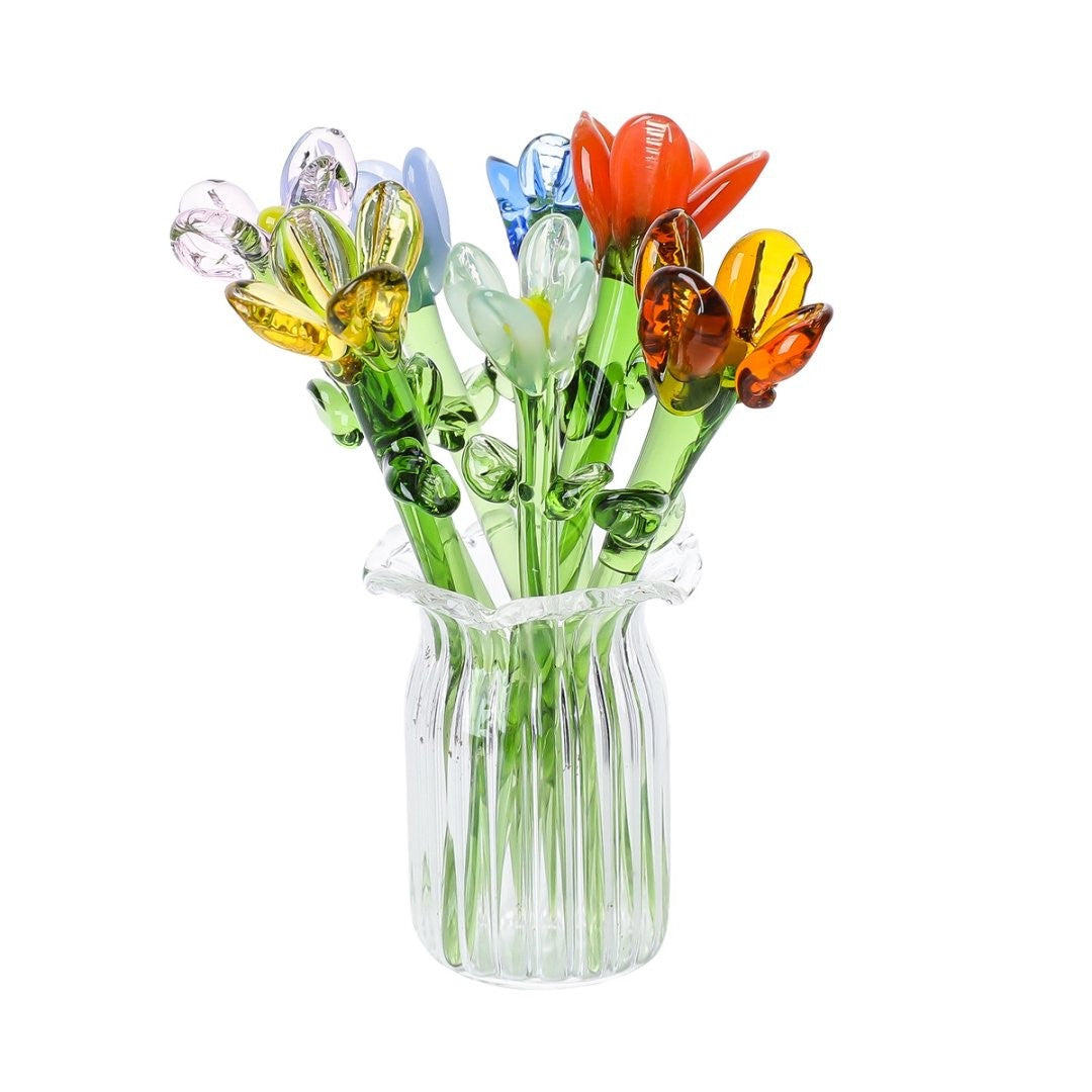 Miniature Glass Seven-Flower Figurine Collectible with Vase, Random Flower Colors, Perfect Birthday Gift