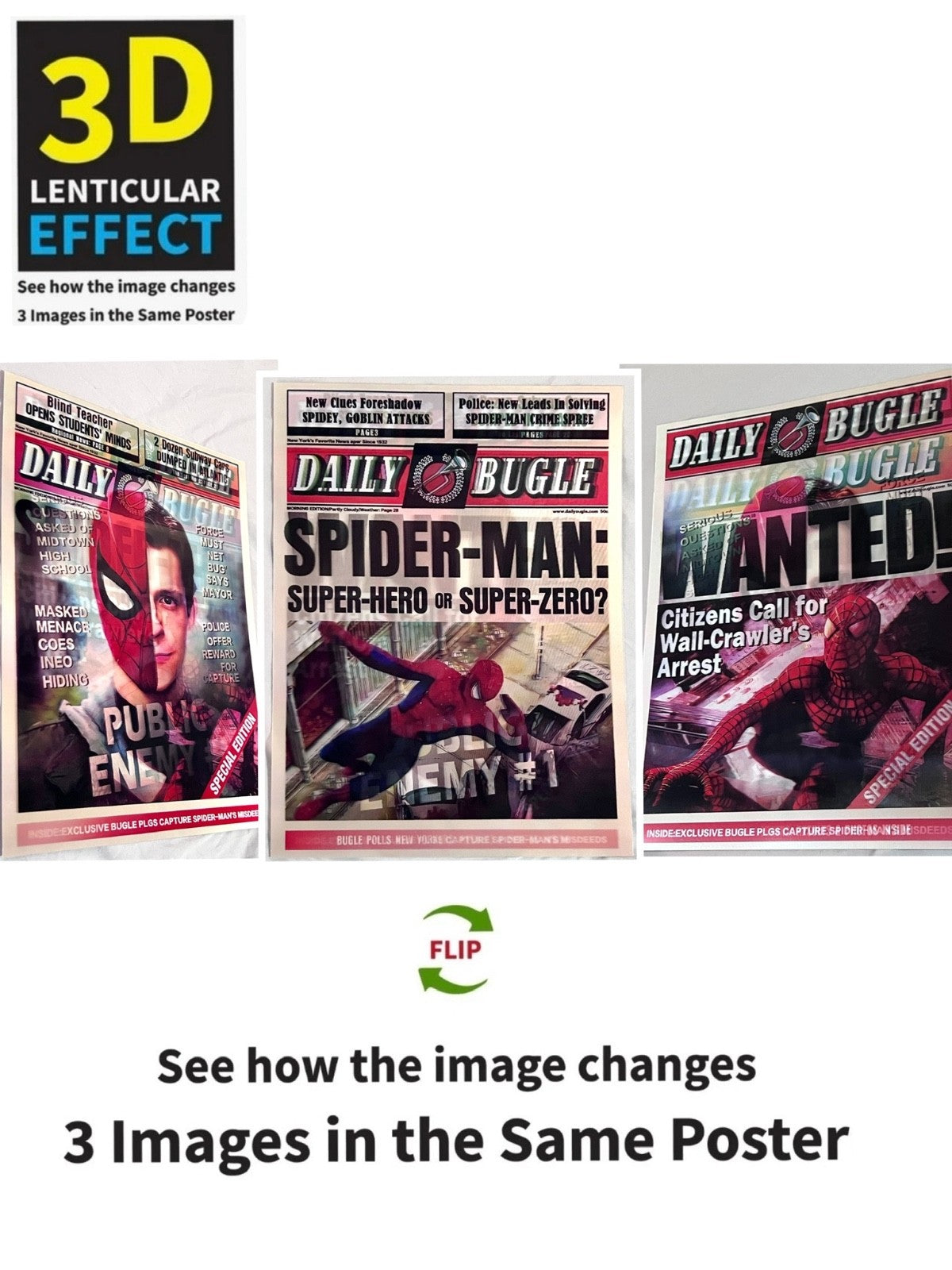 3D Lenticular Web-Slinger Newspaper Poster, 3 Images in One Changing Wall Art for Bedroom, Gaming Room & Collector Decor